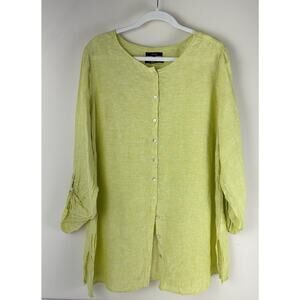 Tahari 1X Top Tunic Green 00% Linen Button Front Lagenlook Coastal Beach Cruise